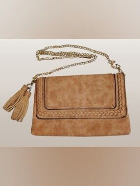 NWT Dressbarn Tassel Clutch/Crossbody - Vegan Nubuck Leather in Tan w/GHW